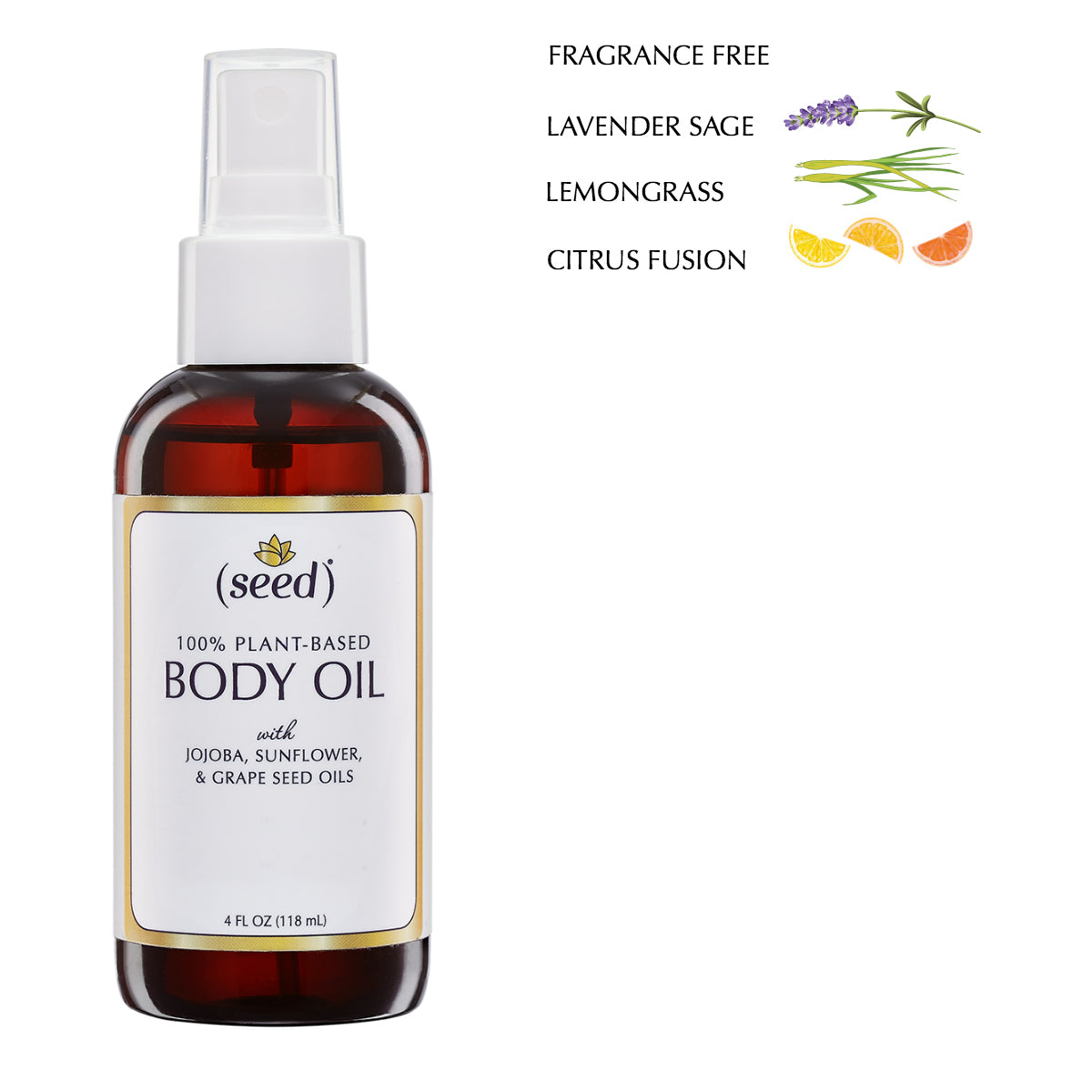 Seed Body Oil, 100% Plant Based natural, in fragrance free or with lavender and clary sage essential oils, lemongrass essential oil, or orange, lemon, and grapefruit essential oils