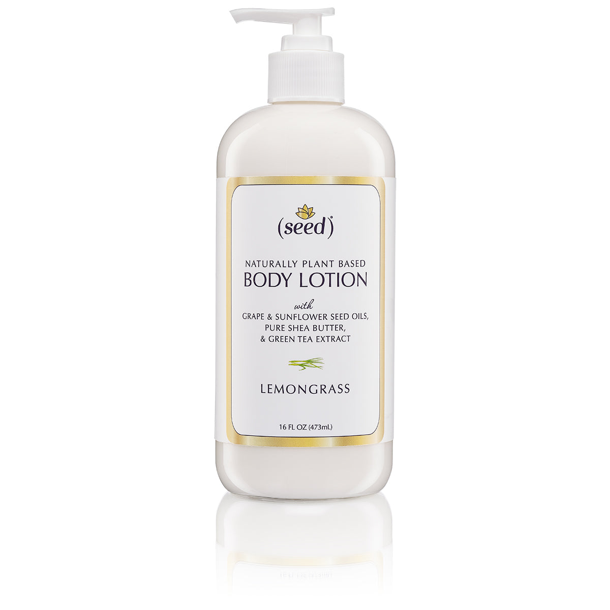 Seed Lemongrass Body Lotion with grape and sunflower seed oils, pure shea butter, green tea extract, and lemongrass essential oil
