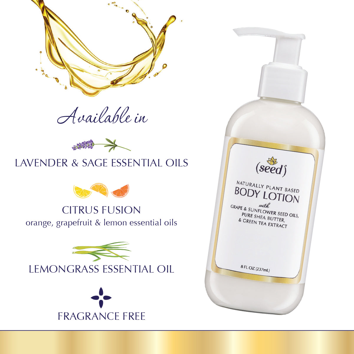 Seed Body Lotion 8 oz available in Fragrance Free, Lavender Sage, Lemongrass, or Citrus Fusion (Essential Oils)